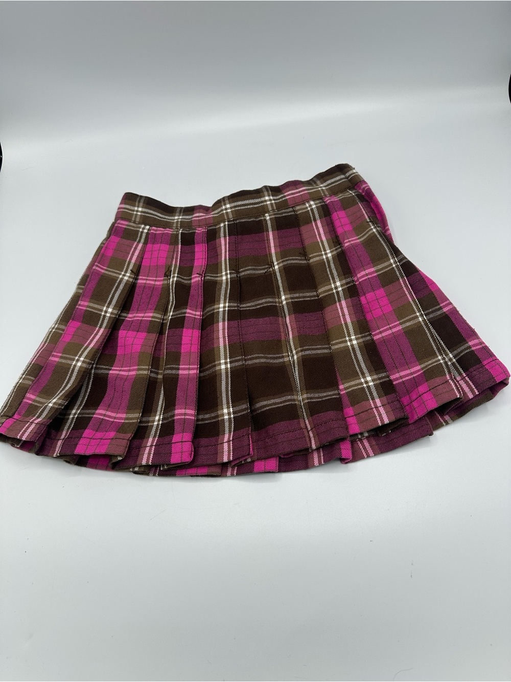 EST. 1989 Place Adjustable Pink & Brown Plaid Pleated Skort Size 5 Side Zipper
